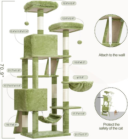 Gitelsnour Cat Tree for Indoor Cats, 71'' (180cm) Multi-Level Cat Tower for Large Adult, Sturdy Cat Tree House with 2 Scratching Boards 7 Posts, 2 Plush Perches/Condos, Hammock, Green GCT032GR