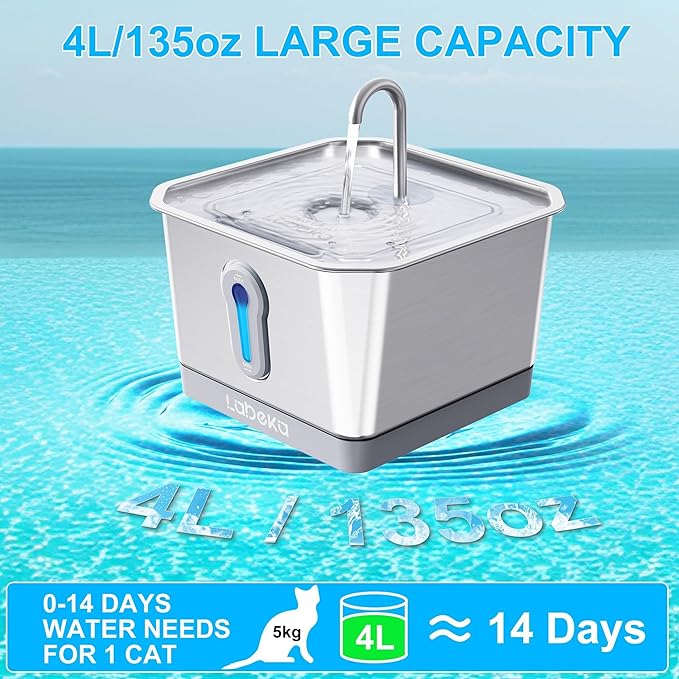 135oz/4L Wireless Cat Water Fountain, [304 Stainless Steel]&[Water and Electricity Separation Safety Design], Pet Fountain for Cats Inside, Innovative Design Easy to Clean for Cats and Dogs (Silver)