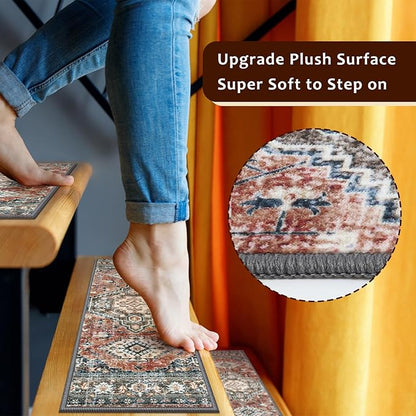 OJIA Stair Treads Non Slip for Wooden Steps Indoor 15PCS Carpet Stair Treads, Rubber Backing Stair Carpet Treads, 8"x30" Staircase Step Treads Edging Stair Rugs for Kids & Pets, Rust Red