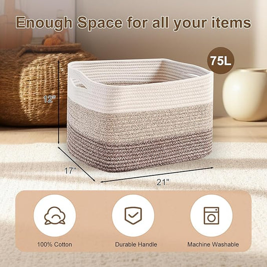 gradient Yellow Laundry Basket with handle - 21"×17"×12" Large woven Cotton Rope blanket basket,storage basket for Blankets,Baby Toys & Clothes (Fits Bathroom,Nursery, bedroom,Living Room)