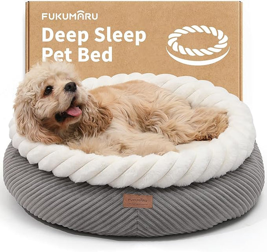 FUKUMARU Dog Bed, Calming Donut Dog Beds, Plush Faux Fur&Corduroy Cat Beds, Cute Round Washable Pet Bed for Large Cats and Small Dogs, Cat Cave with Anti-Slip Bottom, 25inch, Grey