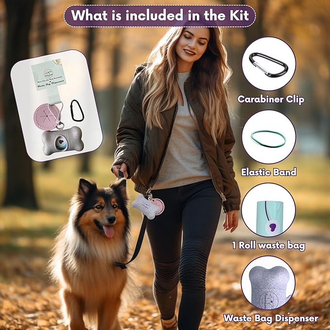 Complete Earth-Conscious Dog Waste Kit: Wheat Straw Waste Bag Dispenser with one corn starch 15-bag waste bag roll, Carabiner, Elastic Band for Secure Leash Attachment, Leak-Proof (Beige)