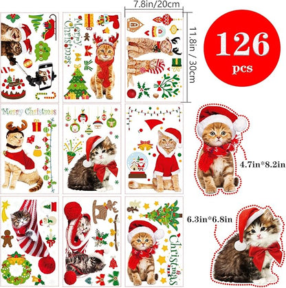 Christmas Window Clings Cat Stickers for Window Glass, 126 PCS 9 Sheets Xmas Decals Decorations Christmas Cat Tree Bells Decals for Holiday Party
