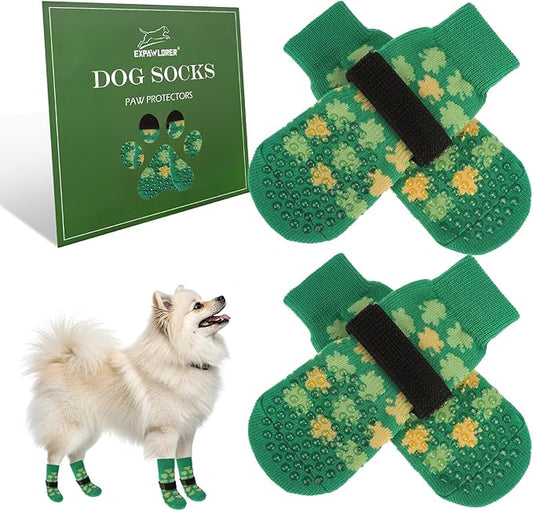 EXPAWLORER Anti Slip Dog Socks to Prevent Licking Paws, Dog Shoes Booties for Small Medium Large Senior Dogs, Traction Control Boots & Paw Protectors for Hardwood Floors St. Patrick's Day Green S