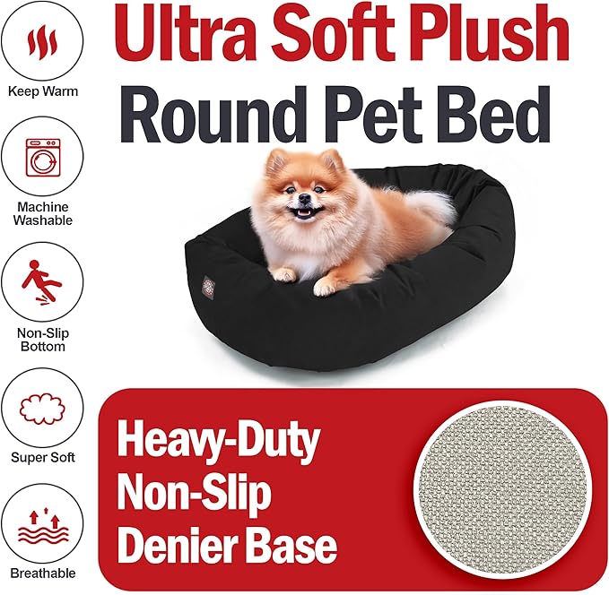 Majestic Pet 24 Inch Suede Calming Dog Bed Washable – Cozy Soft Round Dog Bed with Spine Support for Dogs to Rest Their Head - Fluffy Donut Dog Bed 24x19x7 (Inch) - Round Pet Bed Small – Black (2025)