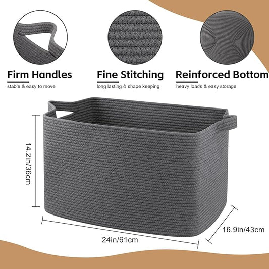 95L Extra Large Blanket Basket, 24" x 16.9" x 14.2" Woven Storage Basket for Living Room, Nursery Blanket Storage for Toys, Towels, Dirty Clothes (Grey)