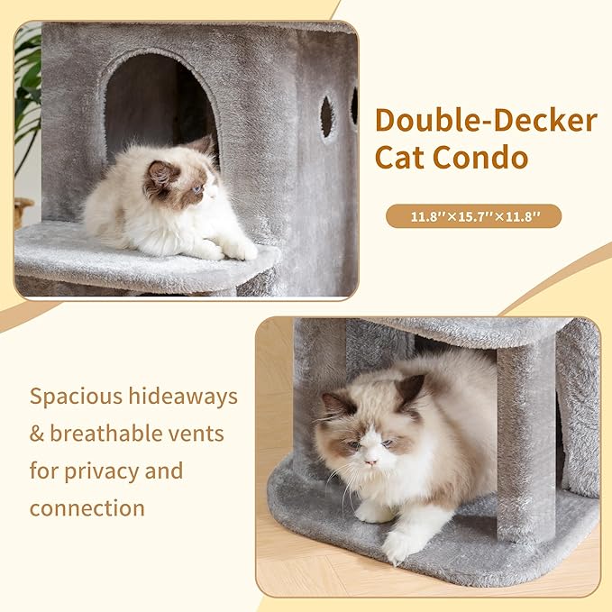Heybly Cat Tree, 25.6-inch Cat Tower with Spacious Top Perch for Large Cats, Stair-Style Cat House Furniture with Dual-Layer Condos, Sisal Scratching Posts, Cozy Basket & Pompom, Light Gray HCT204SW