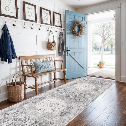 RUUGME 2'6x12 Hallway Runner Rug - Vintage Washable Kitchen Rugs with Non Slip Backing Soft Stain Resistant Carept for Living Room Bedroom Indoor Home Decor Floor Mat for Bathroom (2'6''x12', Grey)