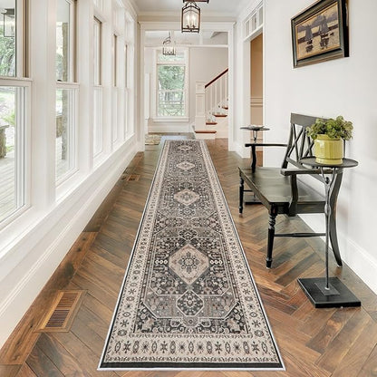 2'6x12 Hallway Washable Runner Rug - Vintage Kitchen Rugs with Non Slip Backing Stain Resistant Carpets for Living Room Bedroom Soft Distressed Floor Home Decor Mat for Bathroom (2'6''x12', Black)
