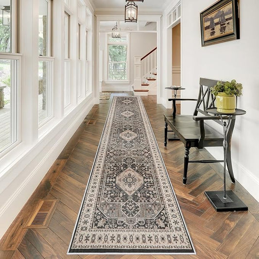 2'6x12 Hallway Washable Runner Rug - Vintage Kitchen Rugs with Non Slip Backing Stain Resistant Carpets for Living Room Bedroom Soft Distressed Floor Home Decor Mat for Bathroom (2'6''x12', Black)