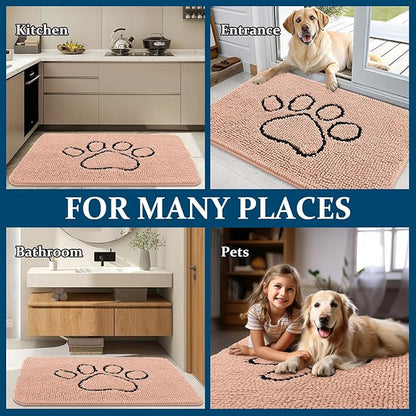OLANLY Dog Door Mat for Muddy Paws 36x24, Paw Print Design, Absorbs Moisture and Dirt, Absorbent Non-Slip Washable Doormat, Quick Dry Chenille Mud Mat for Dogs, Entry Indoor Entryway Carpet, Peach
