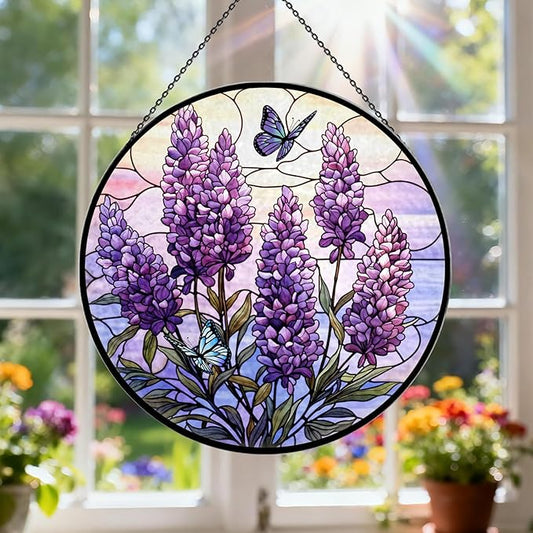 Lavender Stained Glass Window Hanging, 7.9" Lavender Butterfly Sun Catcher Glass Panel with Chain, Lavenders Gifts Hand Painted Round Wall Art Gifts for Women, Lavenders Decor Housewarming Gift