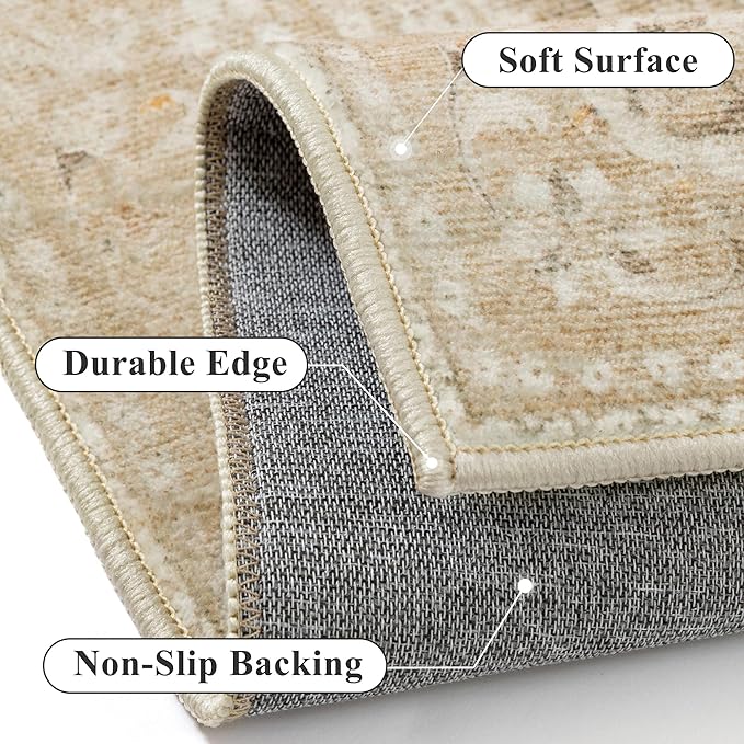 Beige Runner Rug 2x6 Washable Vintage Floral Long Carpet for Hallway Soft Low Pile Non Slip Indoor Accent Rug Retro Distressed Throw Rug for Bathroom Bedroom Laundry Dining Room