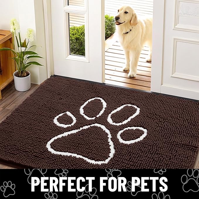 Smiry 2 Piece Dog Door Mat for Muddy Paws, Absorbent Dirt Trapper Non Slip Quick Dry Washable Chenille Mat for Mud Dogs, Entry Rug for Indoor and Outdoor (30x20 Inches, Brown)