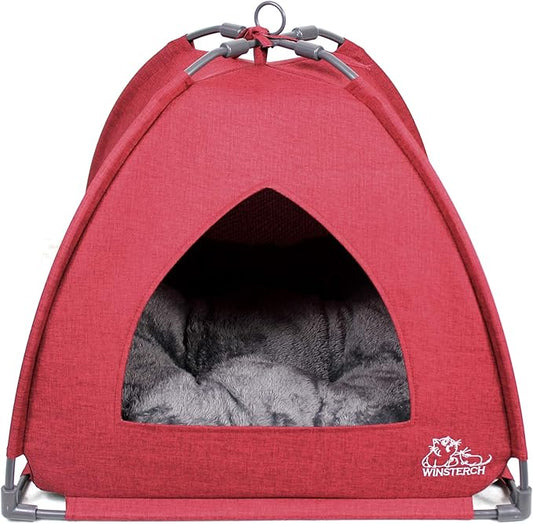 Winsterch Cat Bed Cave for Indoor Cats, Small Pet Tent Cave for Cats, Kittens, and Small Dogs, Warming Cat House with Removable Washable Cushion (18.5'‘ x 18.5’' x 15.8'',Red)