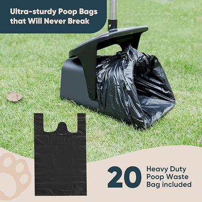 Stainless Steel Dog Pooper Scooper,40" Long Handle Swivel Bin, Rake and Spade,20 Waste Bags & Hook - Heavy Duty Portable Metal Poop Scooper for Large,Medium and Small Dogs