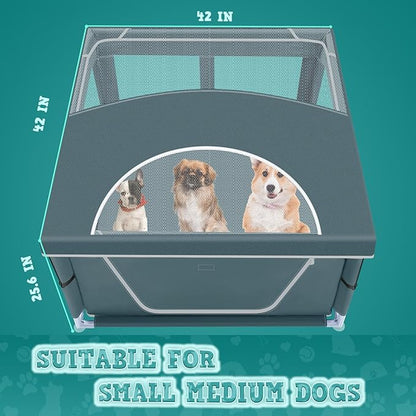42x42 Inch Puppy Playpen with Cover, Dog Playpen for Puppies or Small Dogs, Pet Playpen for Indoor & Outdoor, Sturdy DogPen with Thickened Fabric, High-Strength Nylon Wire Mesh, Bluish Green