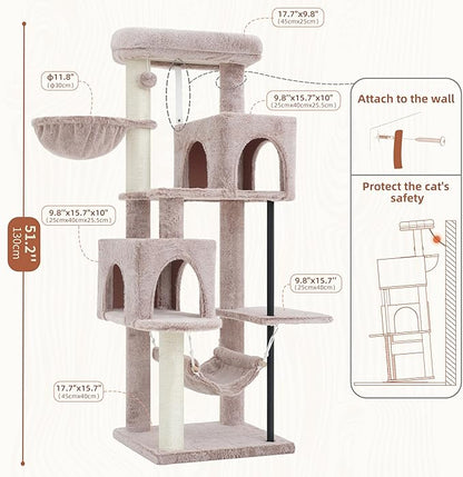 Gitelsnour 51.2'' Cat Tree Tower, Cat Tower with Scratching Post, Sturdy Steel Pube Cat Tree for Inoor Cats Large Adult, Cat Hammock and Basket, Padding Top Platform, Mushroom GCT014MU