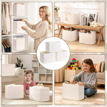 3 Pack Cube Storage Bin, 17”x12”x12” Cotton Rope Woven Baskets for Organizing Toys Clothes Towels, Square Gift Storage Baskets for Shelves, Nursery, Closet, Bathroom, Pantry (White)