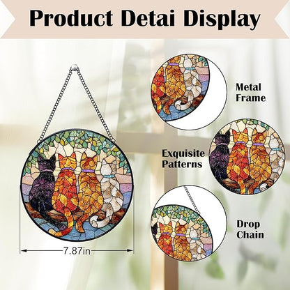 Cat Stained Glass Window Hanging Suncatchers, Cat Mom Lovers Owner Gifts Sun Catchers Indoor Window Glass Wall Art Decor, Cats Wall Hanging Decorations Sculptures, 7.9x7.9in
