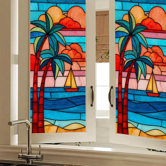 Summer Beach Palm Trees Window Cling 18 x 39 Inch Stained Glass Decorative Privacy Film PVC Sailboat Ocean Sunset Glass Panel Vertical Home Decor