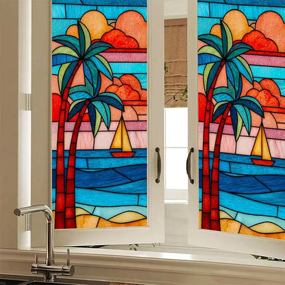Summer Beach Palm Trees Window Cling 18 x 39 Inch Stained Glass Decorative Privacy Film PVC Sailboat Ocean Sunset Glass Panel Vertical Home Decor