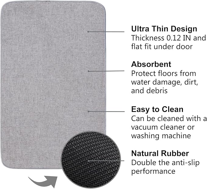Indoor Door Mat, 1/10 in Ultra Thin Door Mat, Non-Slip Natural Rubber Backing Inside Doormat, Washable, Low-Profile Entrayway Mats, Durable Dirt Trapper for Various Entrance, 29''X17'' Grey