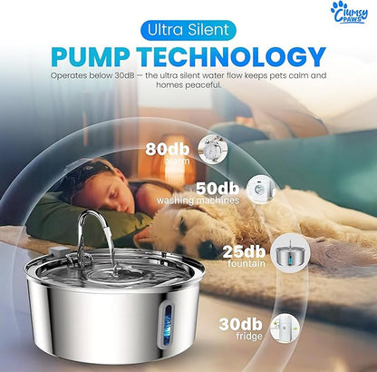 Stainless Steel Dog Water Fountain, 8L Large Automatic Water Dispenser for Cats, Dogs & Other pet, Quiet Filtered Fountain with Dual Outlets, USB Power Base for Home Use