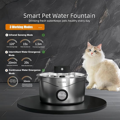 Wireless Cat Water Fountain Stainless Steel, [45 Days Battery Life] Automatic Rechargeable Pet Water Fountain, 2.6L/88oz Dog Water Dispenser, Ultra-Quiet Pump, 4-Layer Filtration for Cats & Dogs