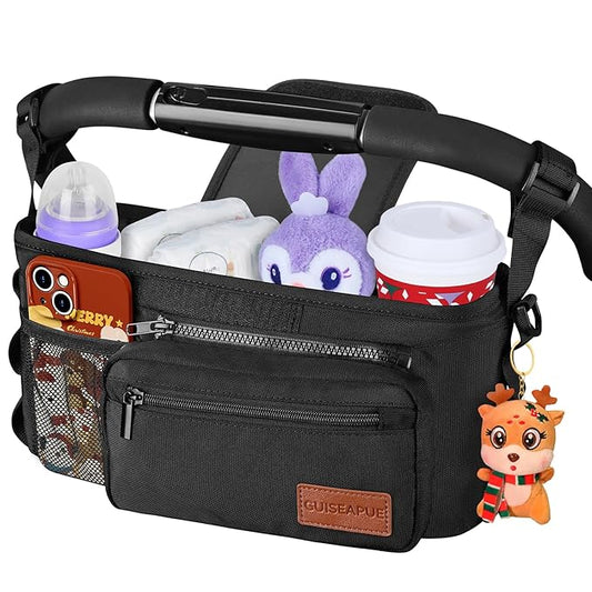 Guiseapue Universal Stroller Organizer with Cup Holder: Stroller Caddy Accessories with Detachable Phone Bag Fit for Uppababy, Non-Slip Straps, Walker Accessories, First Mothers Day Gifts for New Mom