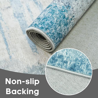 3x8 Runner Rug for Hallway - Washable Abstract Runners Non Slip Kitchen Rugs Low Pile Soft Indoor Floor Carpet Front Door for Bedroom Entryway Laundry 3x8 Blue