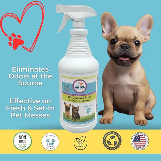 I Love My Pet Enzyme Stain & Odor Eliminator for Dog & Cat Urine – Professional Strength Cleaner for Carpets, Furniture & Upholstery – Pet-Safe, Works on Set-In Odors – 32 oz
