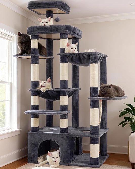 Heybly Cat Tree, 71-Inch Tall Cat Tower for Large Maine Coon Cats with Extra-Large Baseboard, Cat Condo Furniture with Multi-Level Platforms, 2 Hammocks and 12 Scratching Posts, Smoky Gray HCT037G