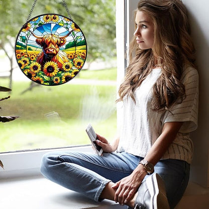 Highland Cow Stained Glass Window Hanging, 7.8" Sunflower Cow Sun Catchers Indoor Window Decor, Suncatchers for Windows Hanging Gifts for Women