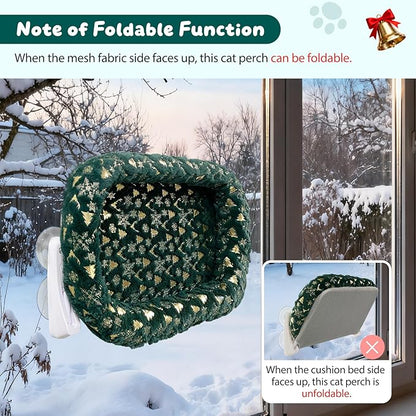 L&W BROS. 2-Pack Foldable Cat Window Perches with Christmas Cushion Bed – Easy to Assemble Cats Hammock for Window, Warm Indoor Cat Beds for Large Cats, Edition(L 2Pc)