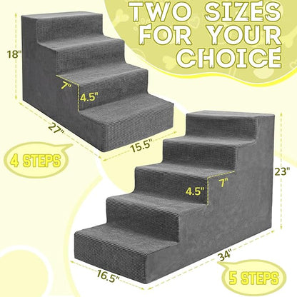 Niubya Dog Stairs for Small Dog and Cats,23”H Non-Slip Bottom Pet Steps for High Beds and Couch,Extra Wide High-Density Foam Pet Stairs Grey,5 Steps