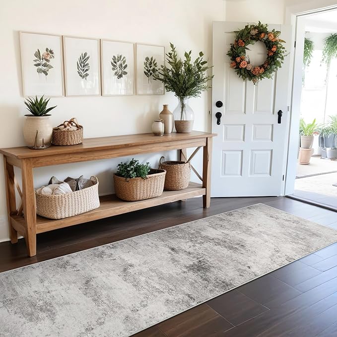 Carpet Runners for Hallway 8ft: Washable Non-Slip Abstract Rugs for Kitchen Entryway Bedroom - Soft Stain Resistant Easy Clean Mat for Family with Pets 2.6x8 Grey