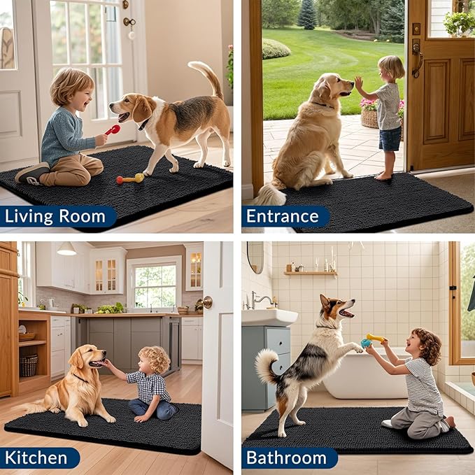 Smiry Dog Door Mat for Muddy Paws 44x24, Absorbs Moisture and Dirt Doormat, Non-Slip Washable Quick Dry Chenille Front Door Mat Indoor Entrance, Entryway Carpet for Inside Floor, Black