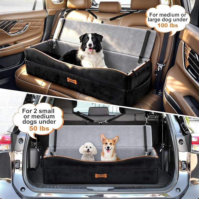 Car Seat for Large Dog, Dog Booster Seats for 2 Medium or 3 Small Dogs Under 100Lbs, Pet Car Seats with 2 Safety Leashes, Dogs Sofa Bed Cushion Add Thick Sponge, Pet Cars Carrier for Travel