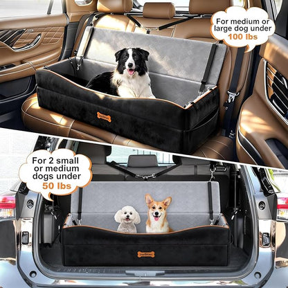 Car Seat for Large Dog, Dog Booster Seats for 2 Medium or 3 Small Dogs Under 100Lbs, Pet Car Seats with 2 Safety Leashes, Dogs Sofa Bed Cushion Add Thick Sponge, Pet Cars Carrier for Travel