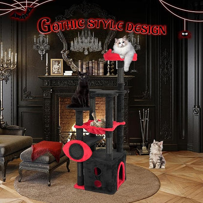 VINGLI 53.2in Gothic Cat Tower with Padded Perch & Spacious Condo, Large Cat Tree with Soft Hammock, Scratching Posts, Hanging Spider Toy, Red & Black Indoor Cat Furniture for Multiple Cats