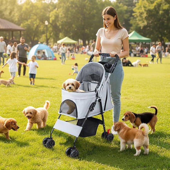 4 Wheels Pet Stroller for Medium Small Dog up to 50lbs, Dog Cat Stroller, Outdoor Travel Pet Folding Strollers with Cup Holder, Detachable Carrier, Breathable Visible Mesh (Grey Upgraded)