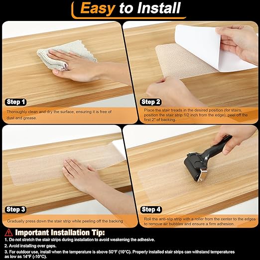 Clear Non Slip Stair Treads for Wooden Steps Indoor 15 Pack 4" x 28" Pre-Cut Anti Slip Stair Strips for Wood Stairs, Grip Tape Transparent Step Tread Grips for Dogs Kids and Pets, Waterproof