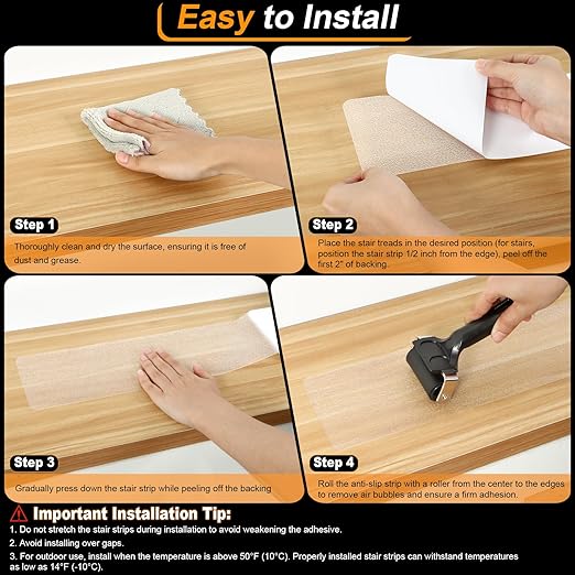 Clear Non Slip Stair Treads for Wooden Steps Indoor 5 Pack 4" x 28" Pre-Cut Anti Slip Stair Strips for Wood Stairs, Grip Tape Transparent Step Tread Grips for Dogs Kids and Pets, Waterproof