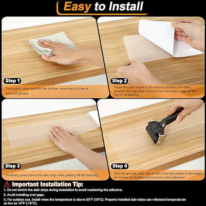 Clear Non Slip Stair Treads for Wooden Steps Indoor 5 Pack 6" x 30" Pre-Cut Anti Slip Stair Strips for Wood Stairs, Grip Tape Transparent Step Tread Grips for Dogs Kids and Pets, Waterproof