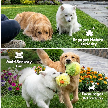 Pet Lou Chick and Frog EZ Squeaky Ball Dog Plush Toy, Twin Pack (4"), Durable Plush Dog Squeaker Toys, Stuffing-Free Pet Supplies for Small & Medium Dogs, Yellow
