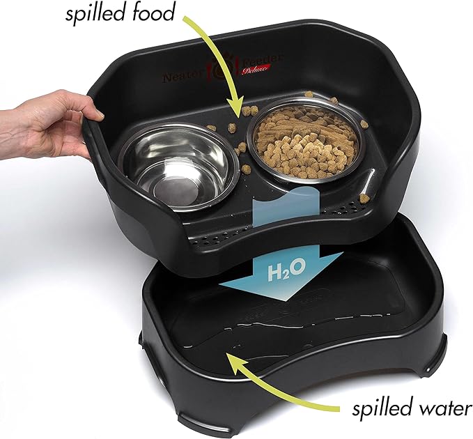 Neater Feeder Deluxe Mess Proof Dog Bowls Elevated for Small Breeds – Made in USA – No Spill Raised Dog Food Bowl Stand w/Leg Extensions – Stainless Steel Dog Food and Water Bowl Set – Black