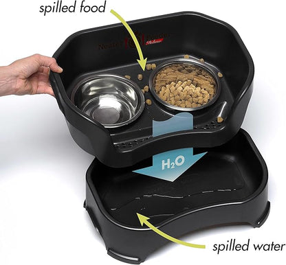 Neater Feeder Deluxe Mess Proof Dog Bowls Elevated Medium Sized Dogs (19-40 lbs) Made in USA, No Spill Raised Dog Food Bowl Stand w/Leg Extension, Stainless Steel Food and Water Bowl Set, Black