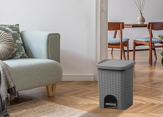 Superio Mini 6L Step Pedal Trash Can - Wicker Design, Hidden Mechanism, Durable Plastic, Ideal for Desktop, Countertop, Pet Waste/Dog Poop - Grey