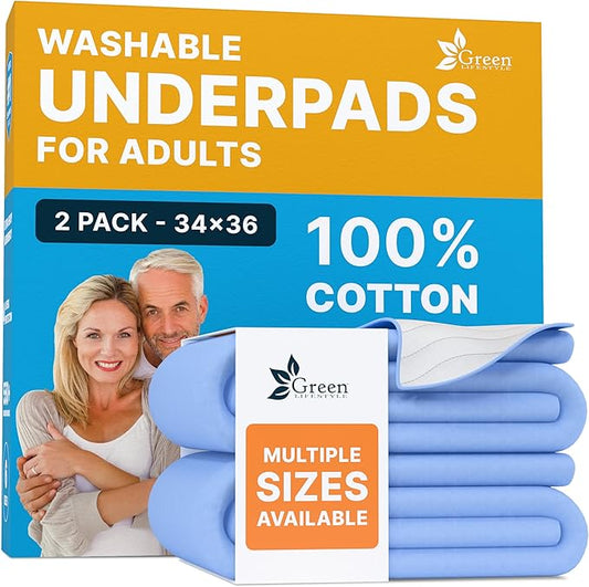 GREEN LIFESTYLE Washable Underpads - Large Bed Pads for use as Incontinence Bed Pads, Reusable Pet Pads, Great for Dogs, Cats, Bunny, Seniors Bed Pad (Pack of 2 - 34x36)